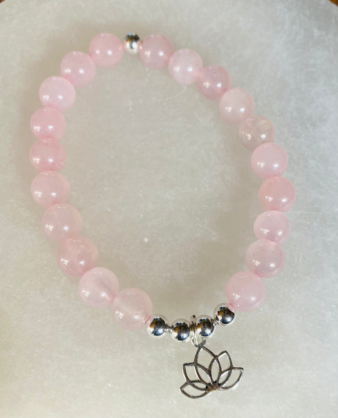 Rose Quartz with Sterling Silver Beads and Lotus Bracelet