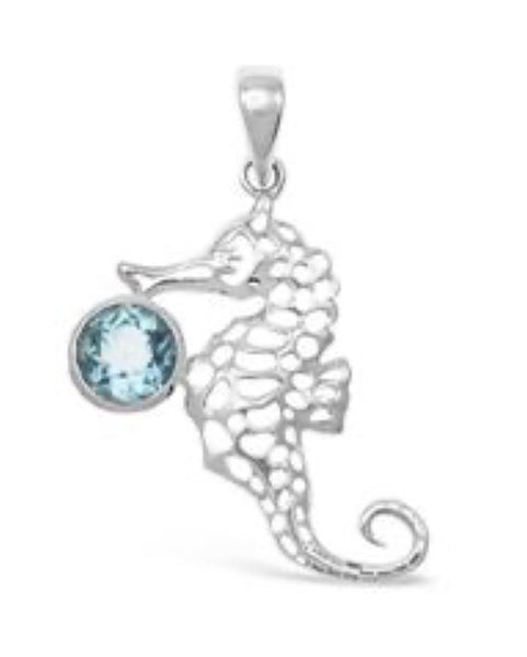 Blue Topaz Sterling Silver Seahorse Pendant